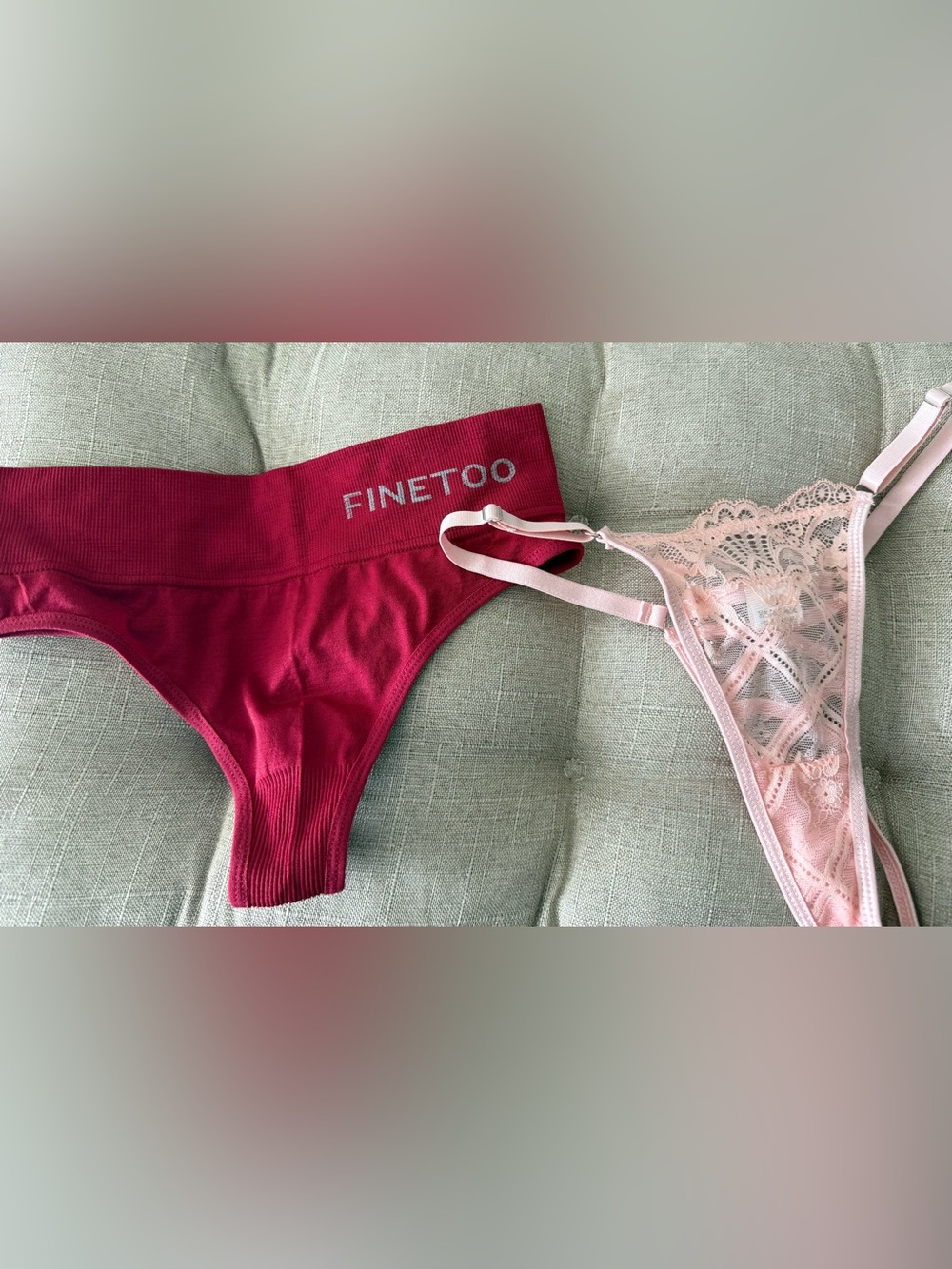 Contrast Lace & Ribbed Bikini Set - Pink and Wine